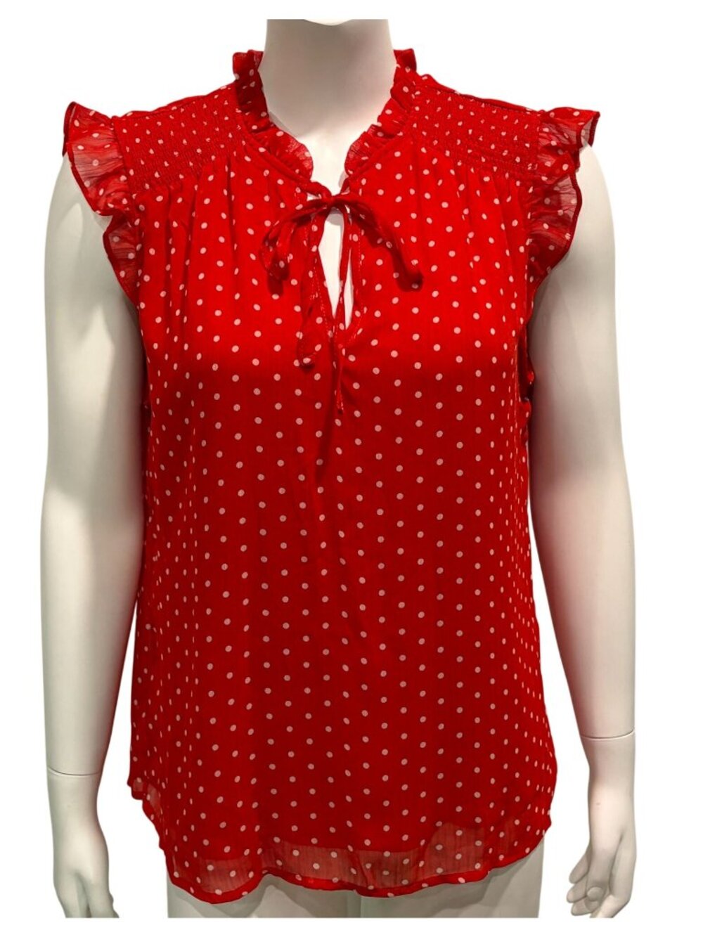 Tamara H Red Polka Dot Sleeveless Blouse Top Size M Ruffle Details Tie Neck